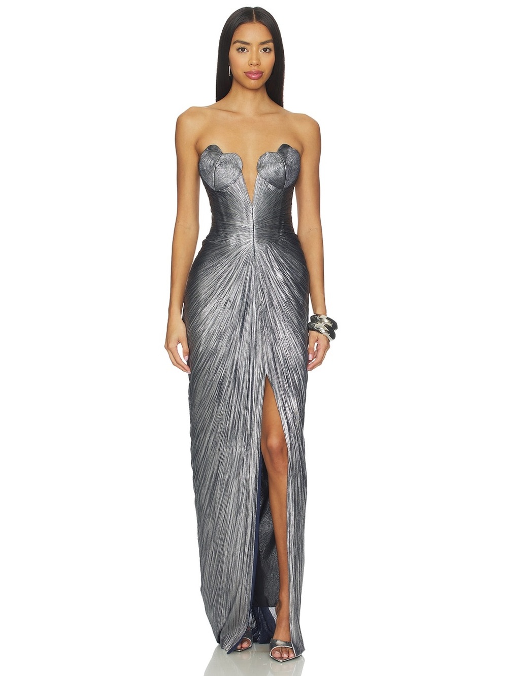 Maria Lucia HohanStrapless Metallic Silver Evening Gown with Front Slit